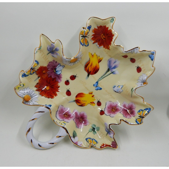 Mayfair Collection By Jay Ceramic Maple Leaf Shaped Floral Dish Nappy Candy Bowl - Picture 8 of 10